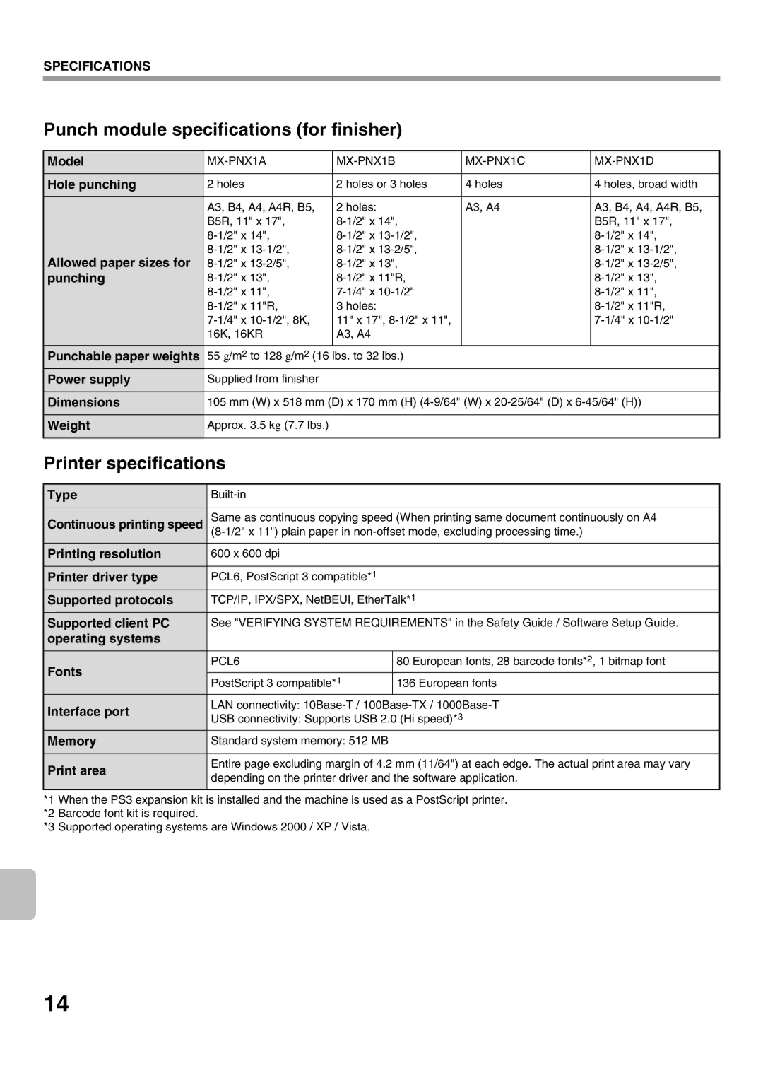 Sharp MX-2301N Punch module specifications for finisher, Printer specifications 