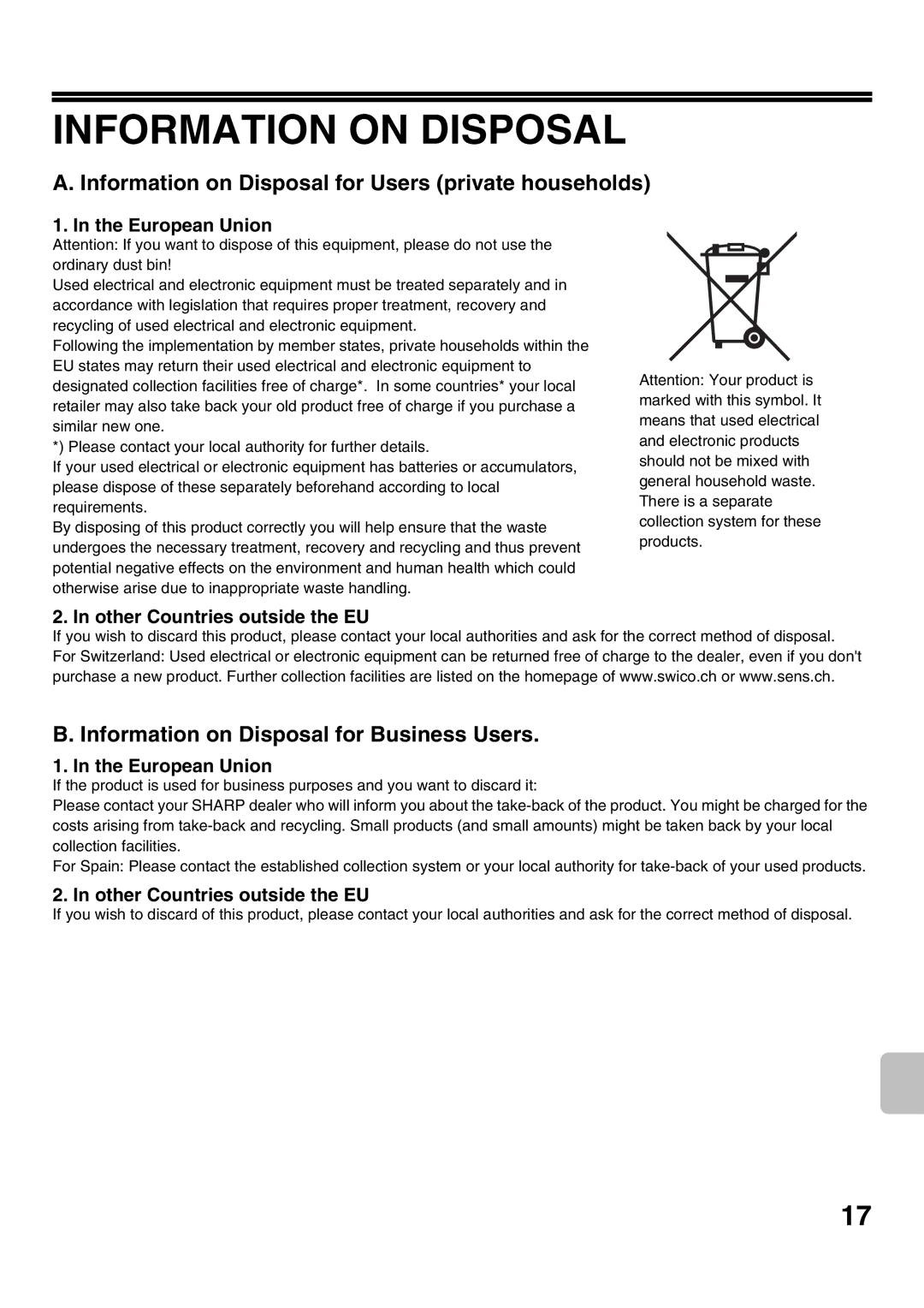 Sharp MX-2301N Information on Disposal for Users private households, Information on Disposal for Business Users 