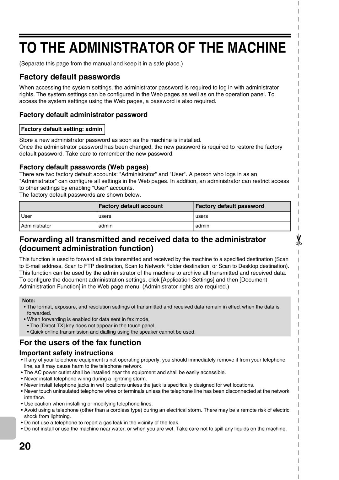 Sharp MX-2301N specifications Factory default administrator password, Factory default passwords Web pages 