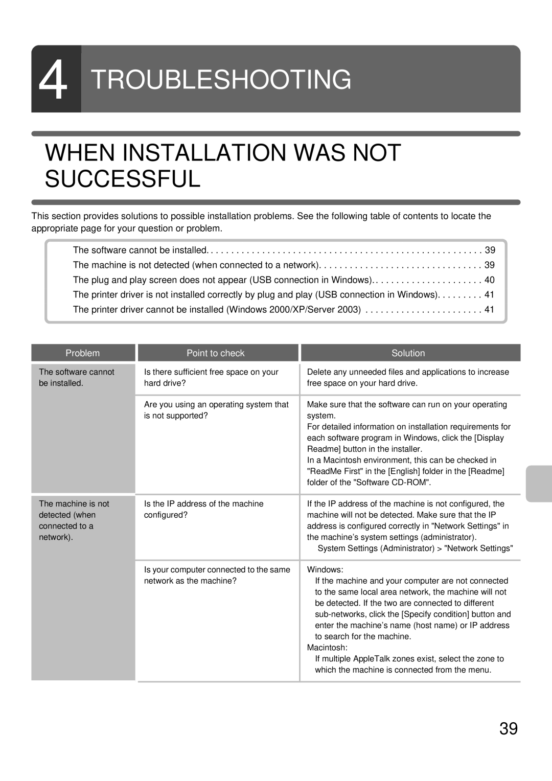 Sharp MX-2301N specifications Successful Not WAS Installation When, Installed be, Cannot software 