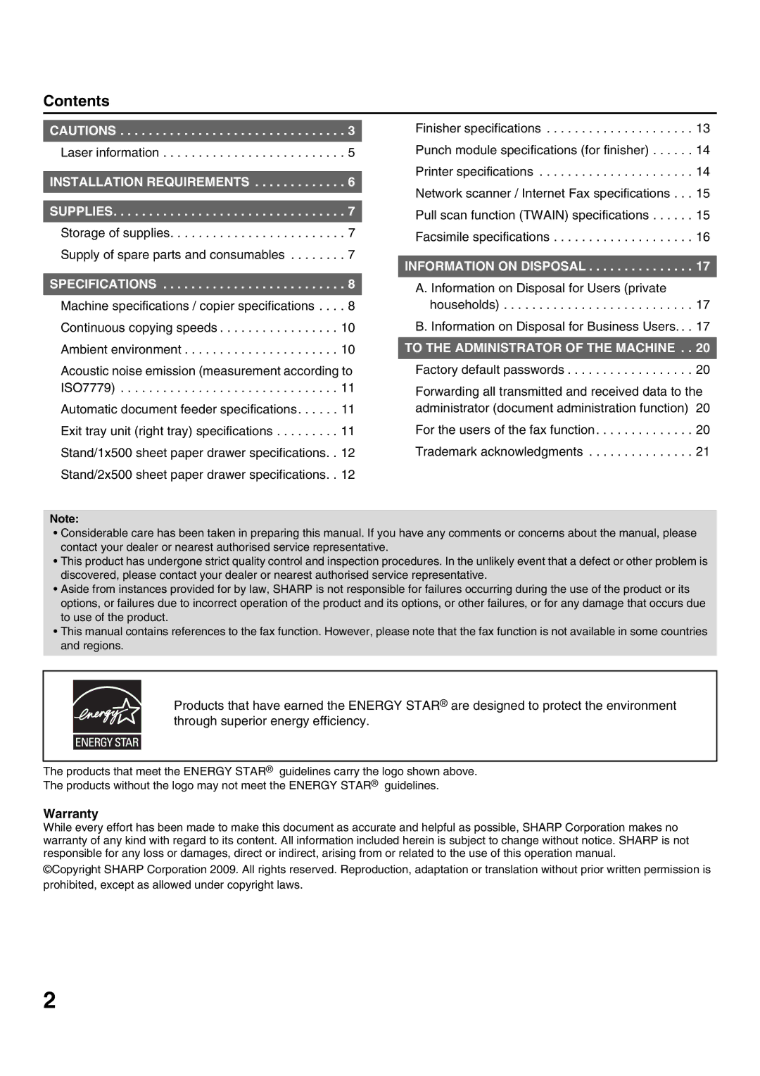 Sharp MX-2301N specifications Contents 