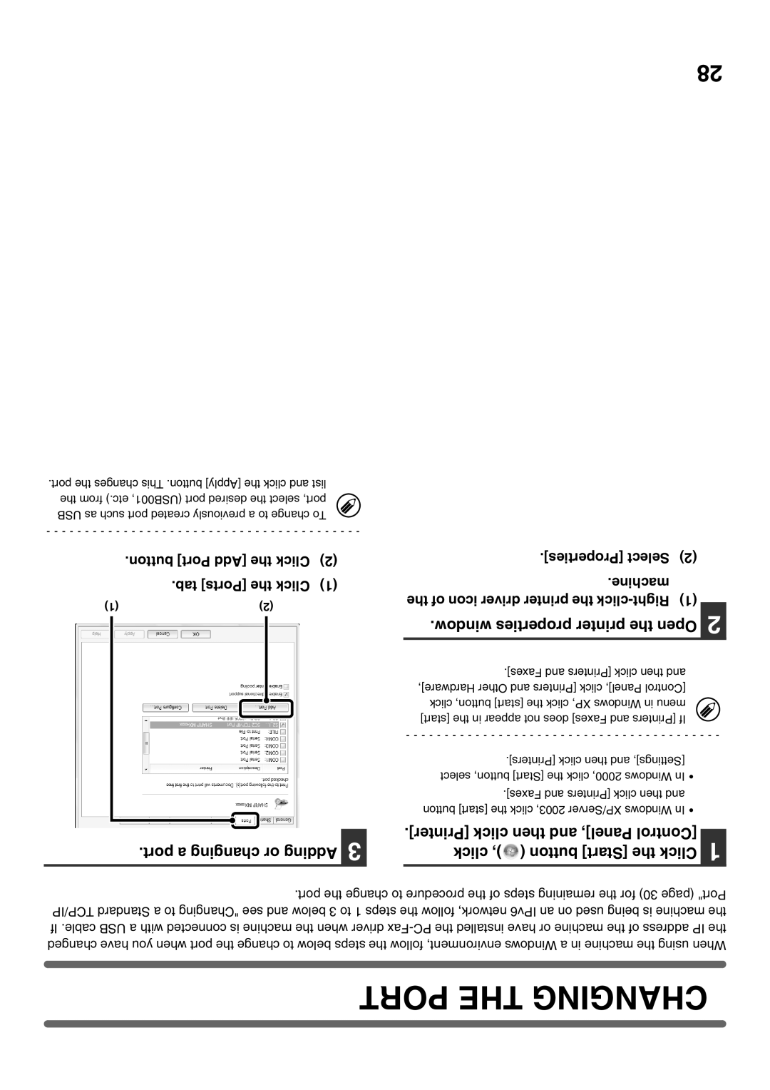 Sharp MX-2301N Port the Changing, Port a changing or Adding, Window properties printer the Open, Properties Select Machine 