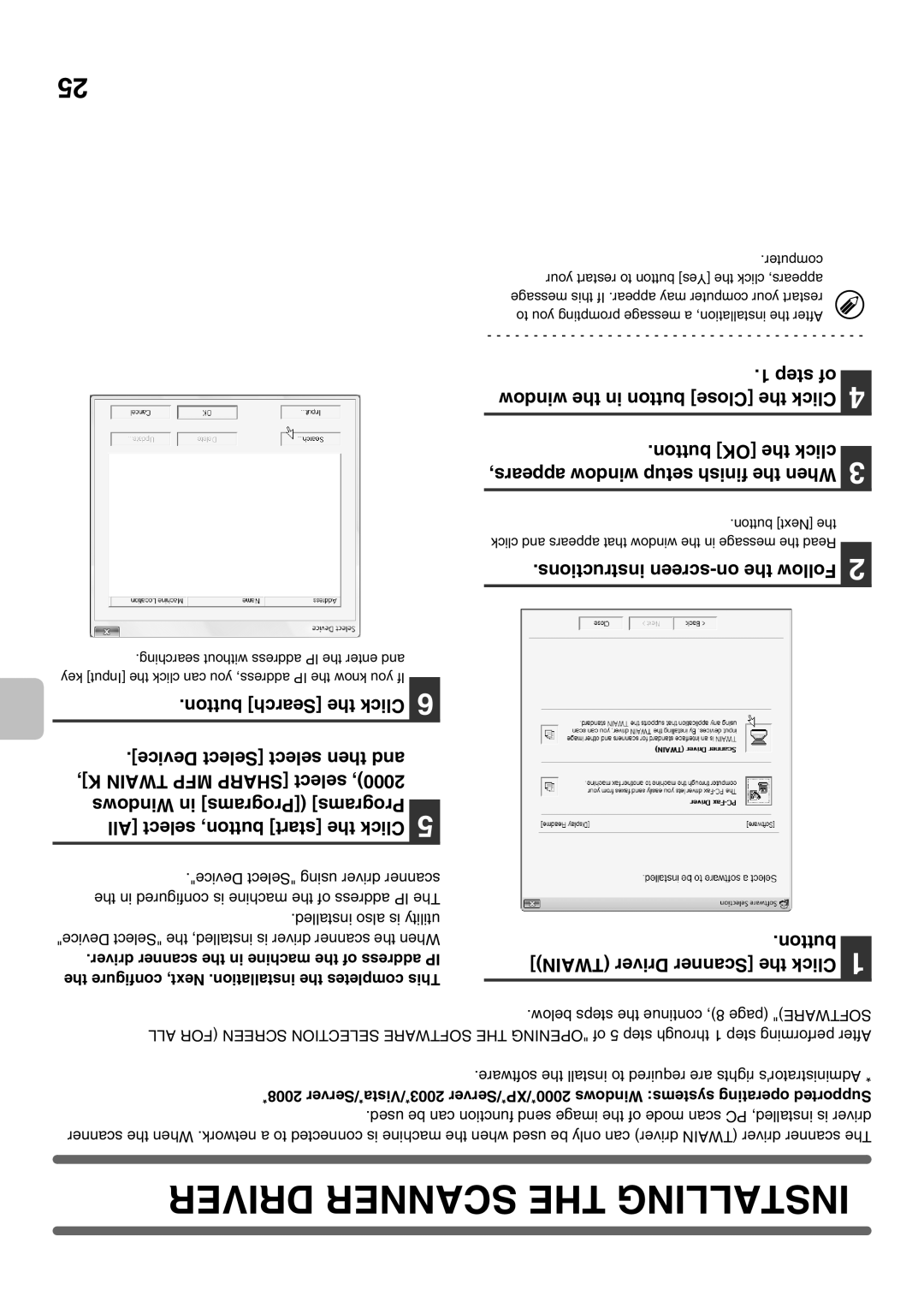 Sharp MX-2301N specifications Driver Scanner the Installing, Button Search the Click, Button Twain Driver Scanner the Click 