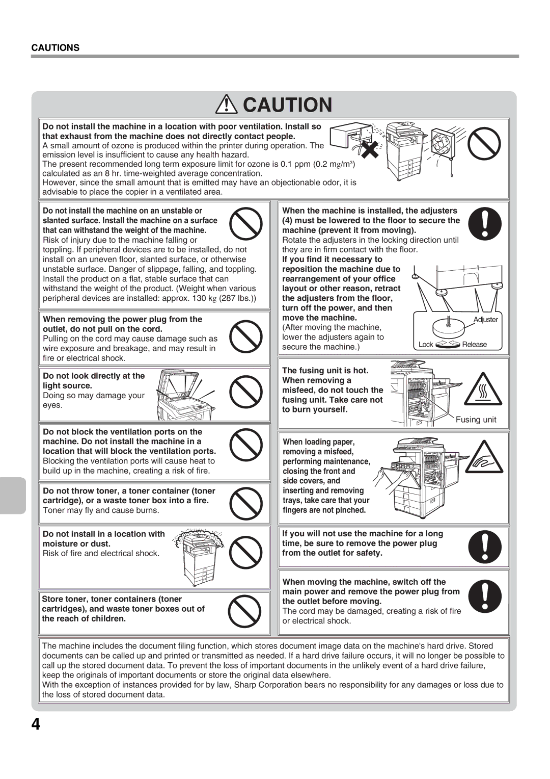 Sharp MX-2301N Do not look directly at the light source, After moving the machine Lower the adjusters again to 