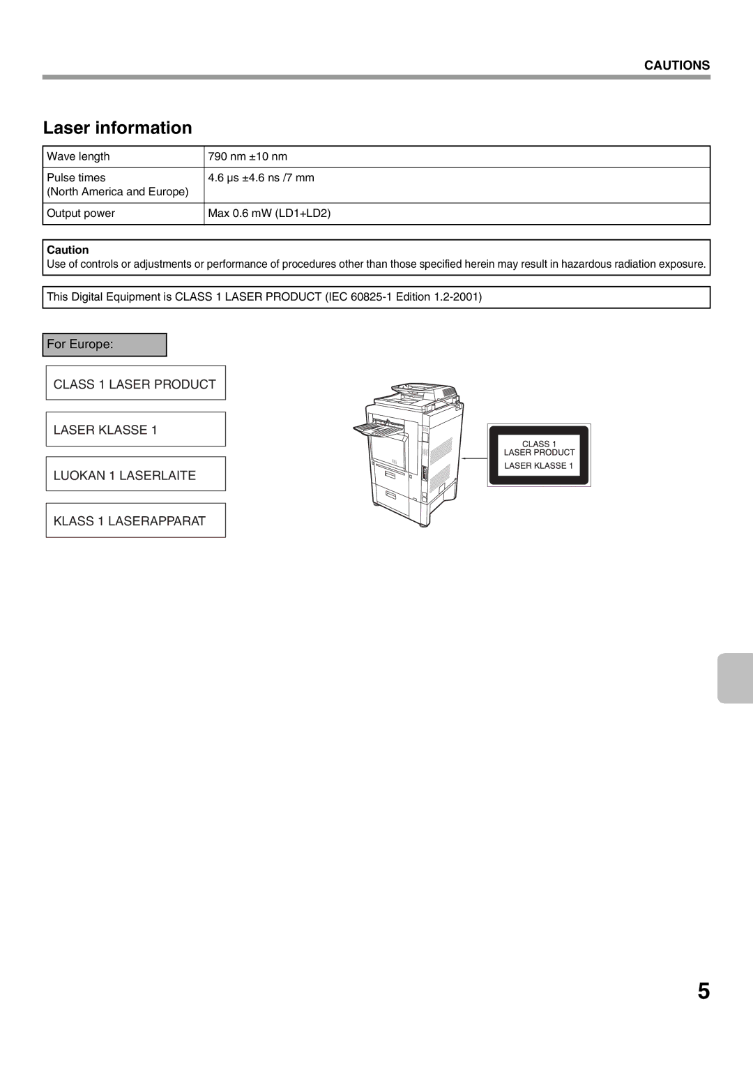 Sharp MX-2301N specifications Laser information 