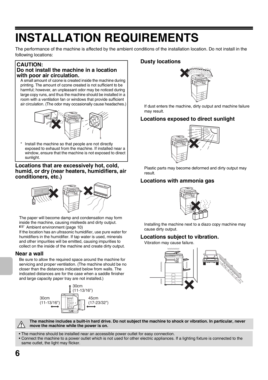 Sharp MX-2301N specifications Dusty locations, Near a wall, Locations with ammonia gas, Locations subject to vibration 