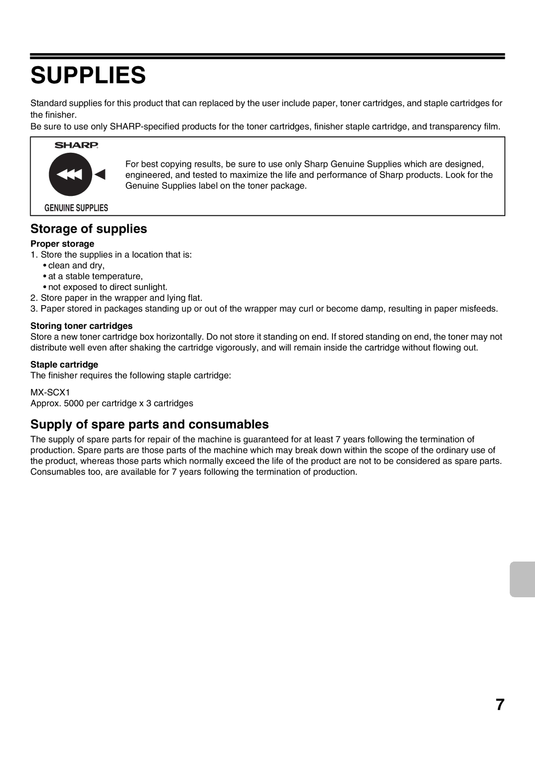 Sharp MX-2301N Storage of supplies, Supply of spare parts and consumables, Proper storage, Storing toner cartridges 