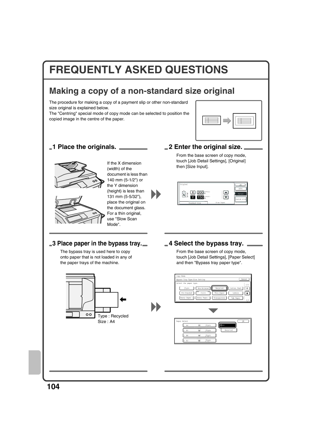 Sharp MX-2301N quick start Frequently Asked Questions, Making a copy of a non-standard size original 