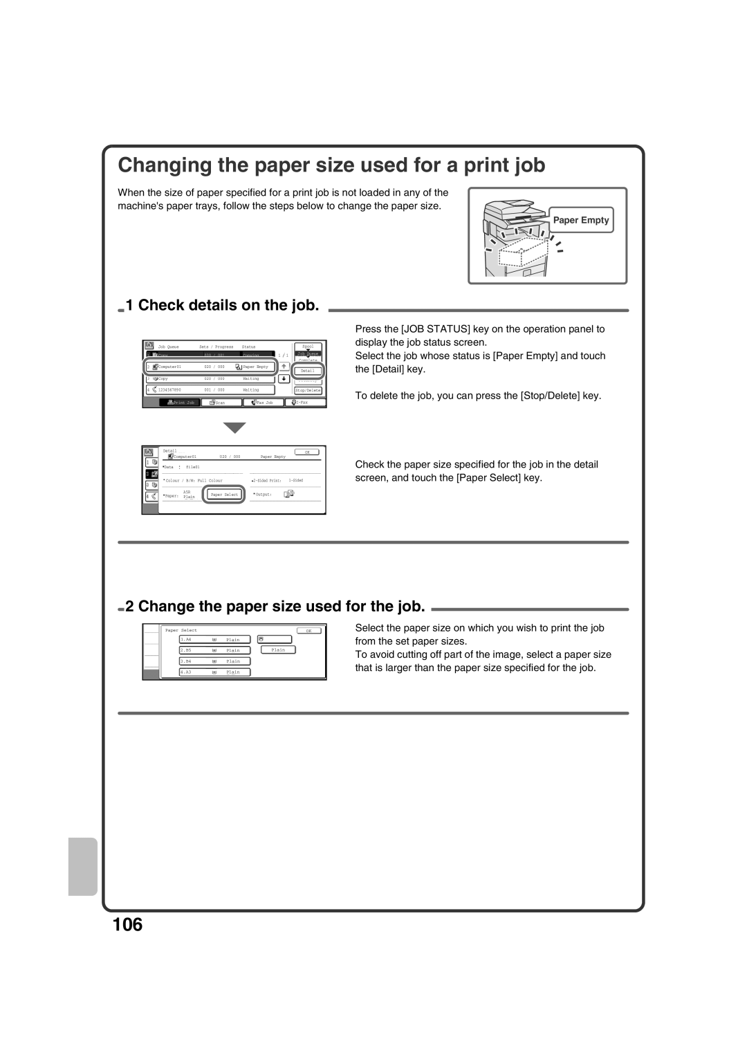 Sharp MX-2301N quick start Changing the paper size used for a print job, Check details on the job 