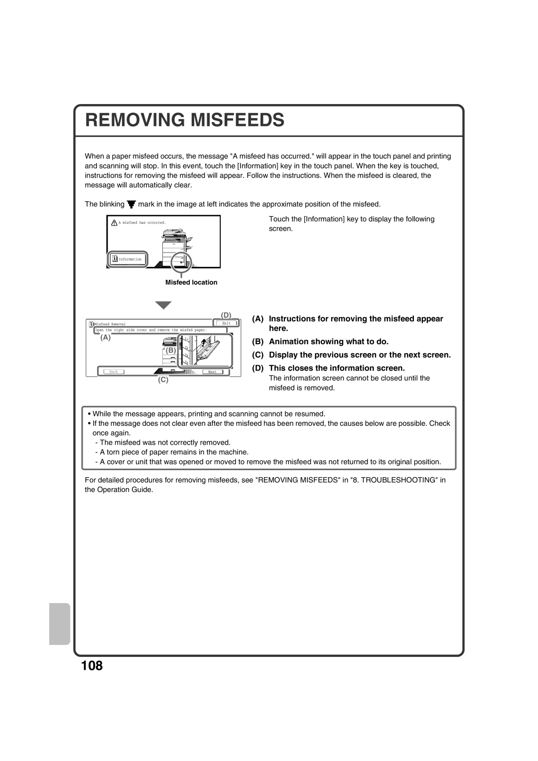 Sharp MX-2301N quick start Removing Misfeeds, Touch the Information key to display the following screen 