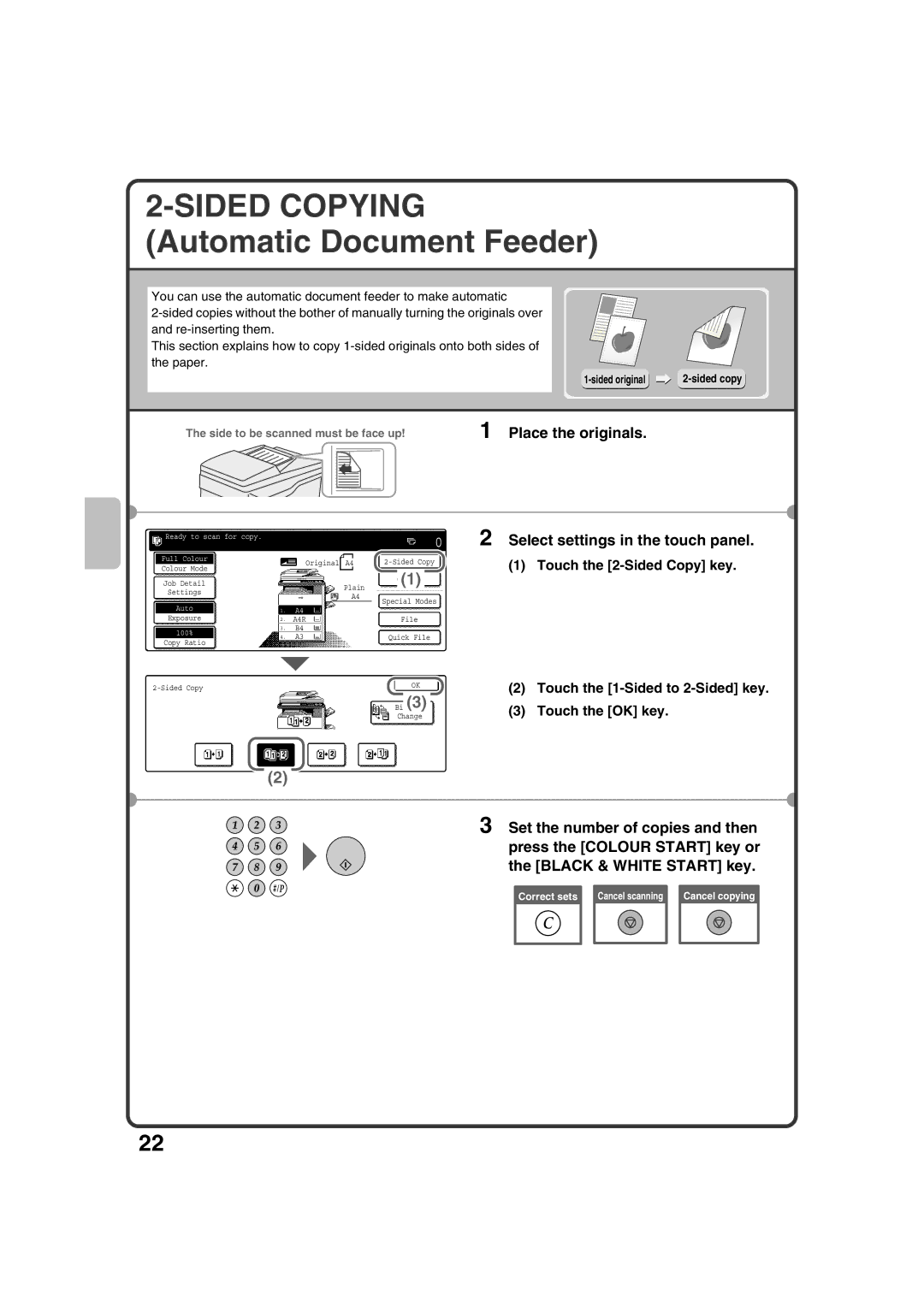 Sharp MX-2301N Sided Copying Automatic Document Feeder, Select settings in the touch panel, Touch the 2-Sided Copy key 