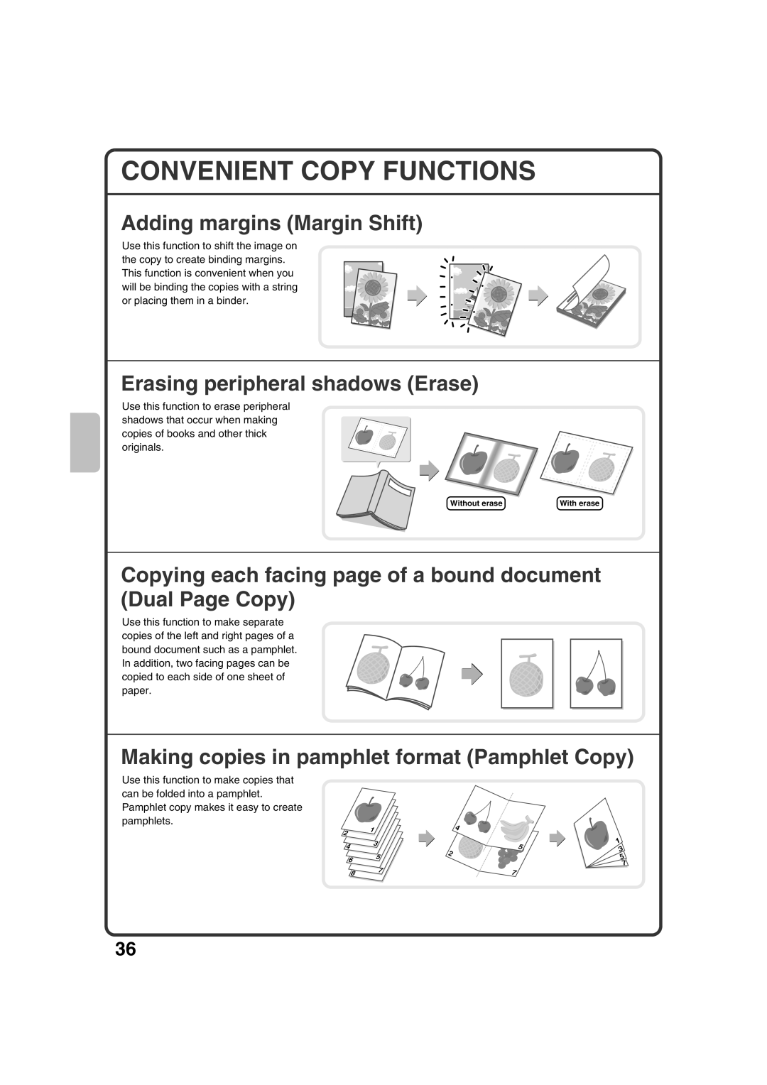 Sharp MX-2301N quick start Convenient Copy Functions, Adding margins Margin Shift, Erasing peripheral shadows Erase 