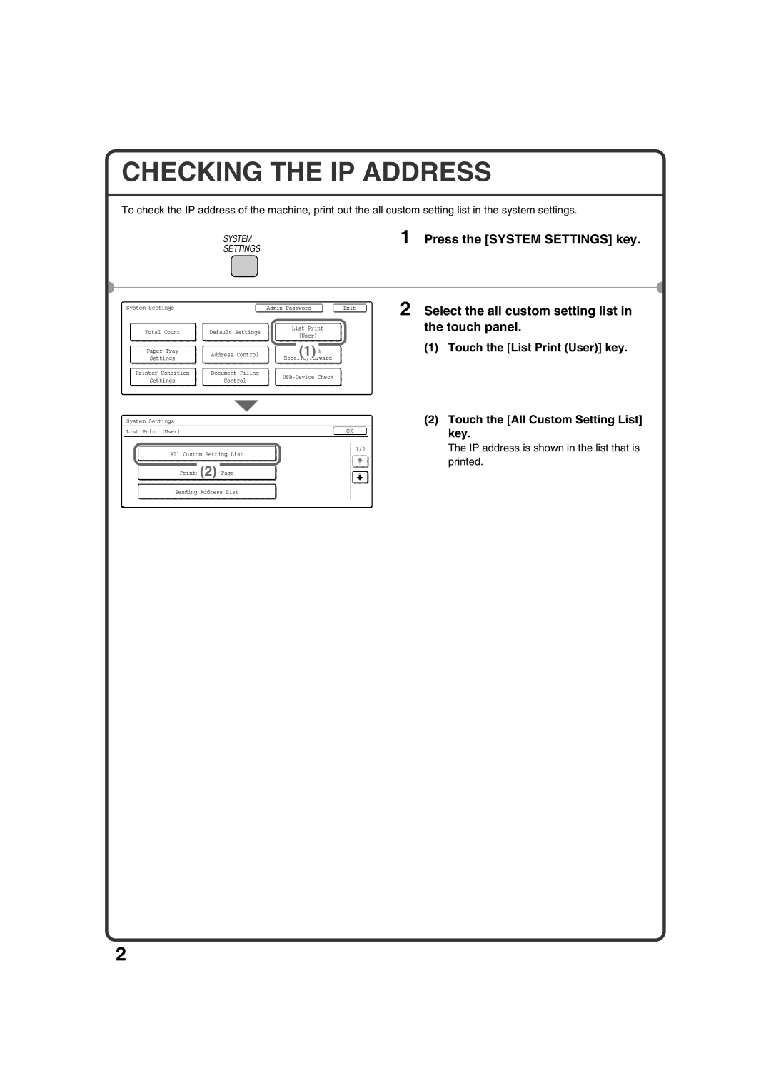 Sharp MX-2301N quick start Checking the IP Address, Select the all custom setting list in the touch panel 