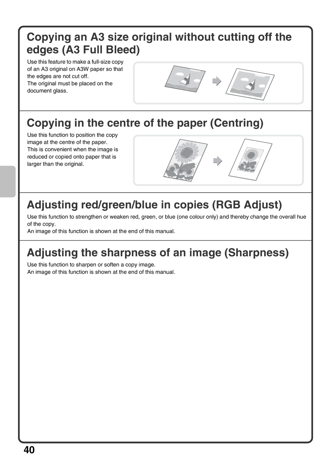 Sharp MX-2301N quick start Copying in the centre of the paper Centring, Adjusting red/green/blue in copies RGB Adjust 