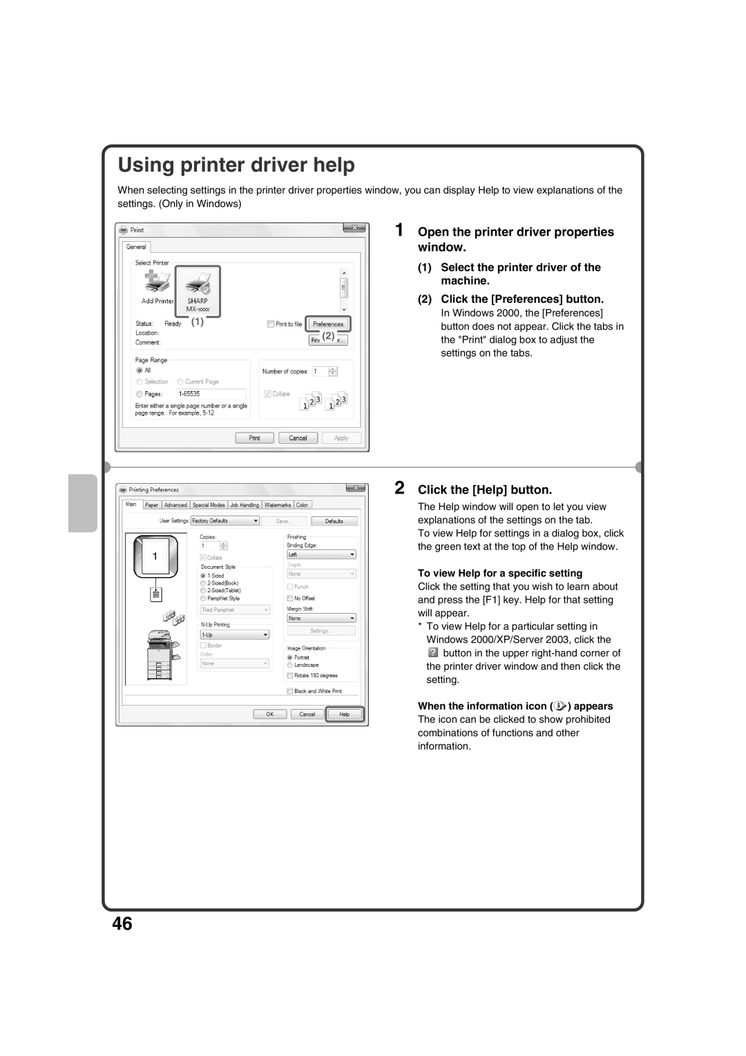 Sharp MX-2301N quick start Using printer driver help, Click the Help button, To view Help for a specific setting 