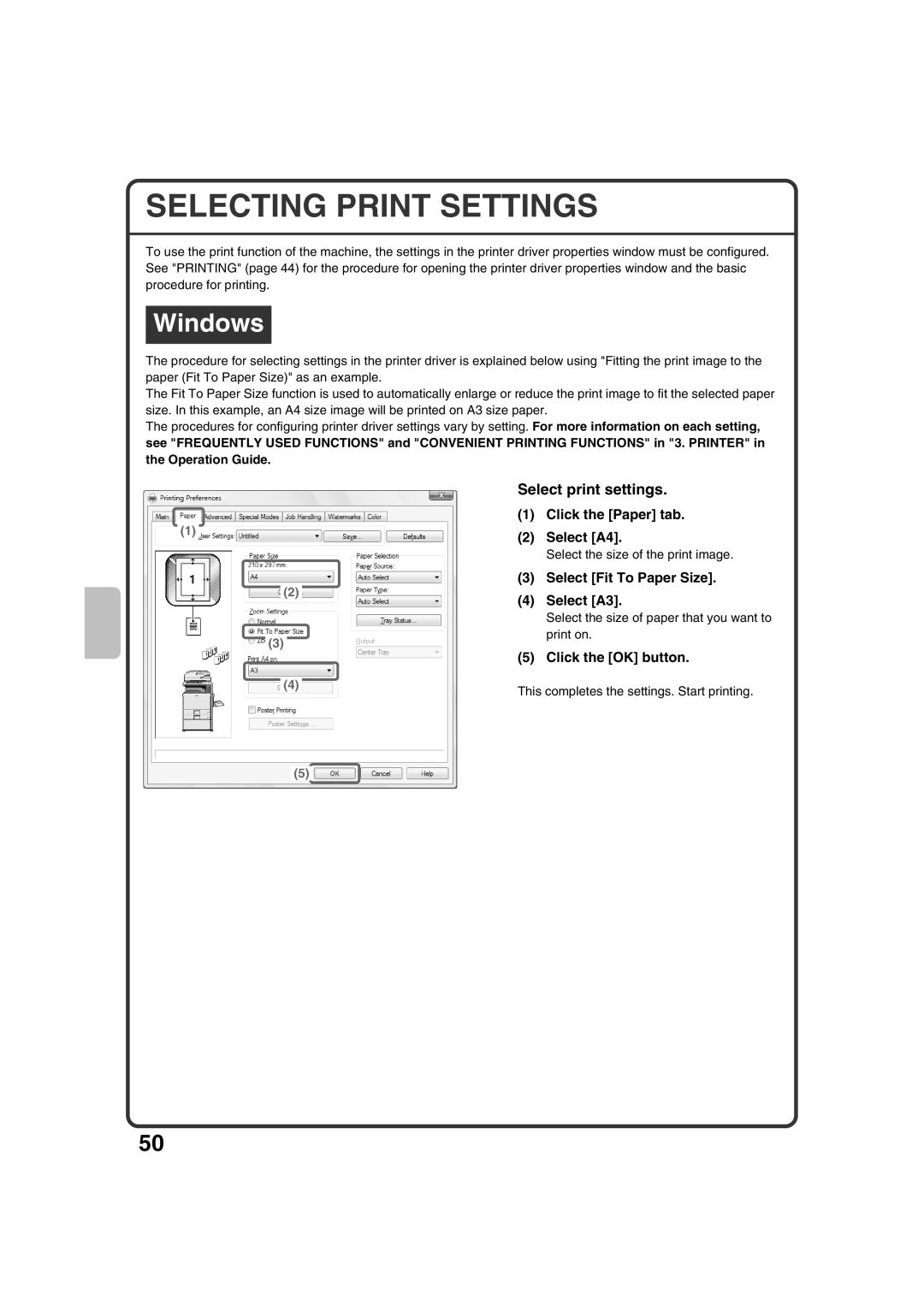 Sharp MX-2301N quick start Selecting Print Settings, Click the Paper tab, Select Fit To Paper Size, Select A3 