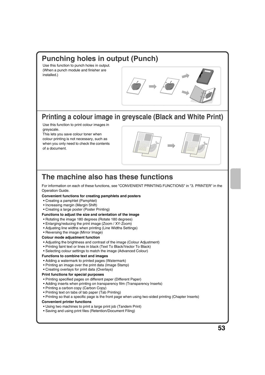 Sharp MX-2301N quick start Punching holes in output Punch, Machine also has these functions 