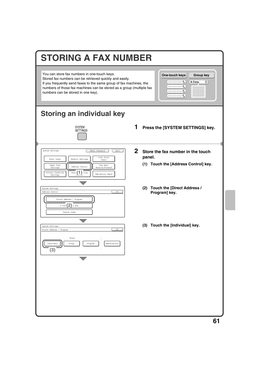 Sharp MX-2301N quick start Storing a FAX Number, Storing an individual key, Store the fax number in the touch panel 