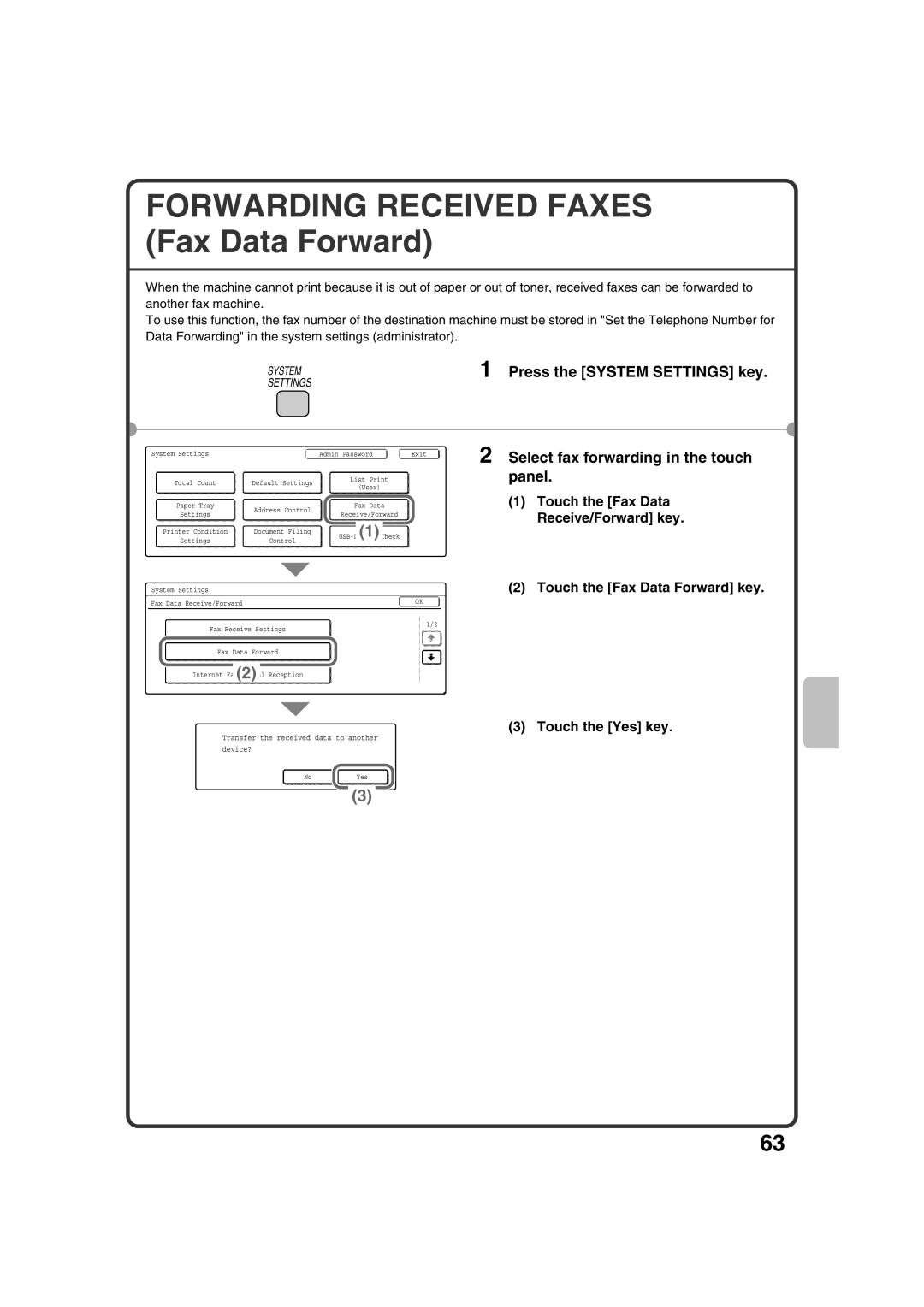 Sharp MX-2301N quick start Forwarding Received Faxes Fax Data Forward, Select fax forwarding in the touch panel 