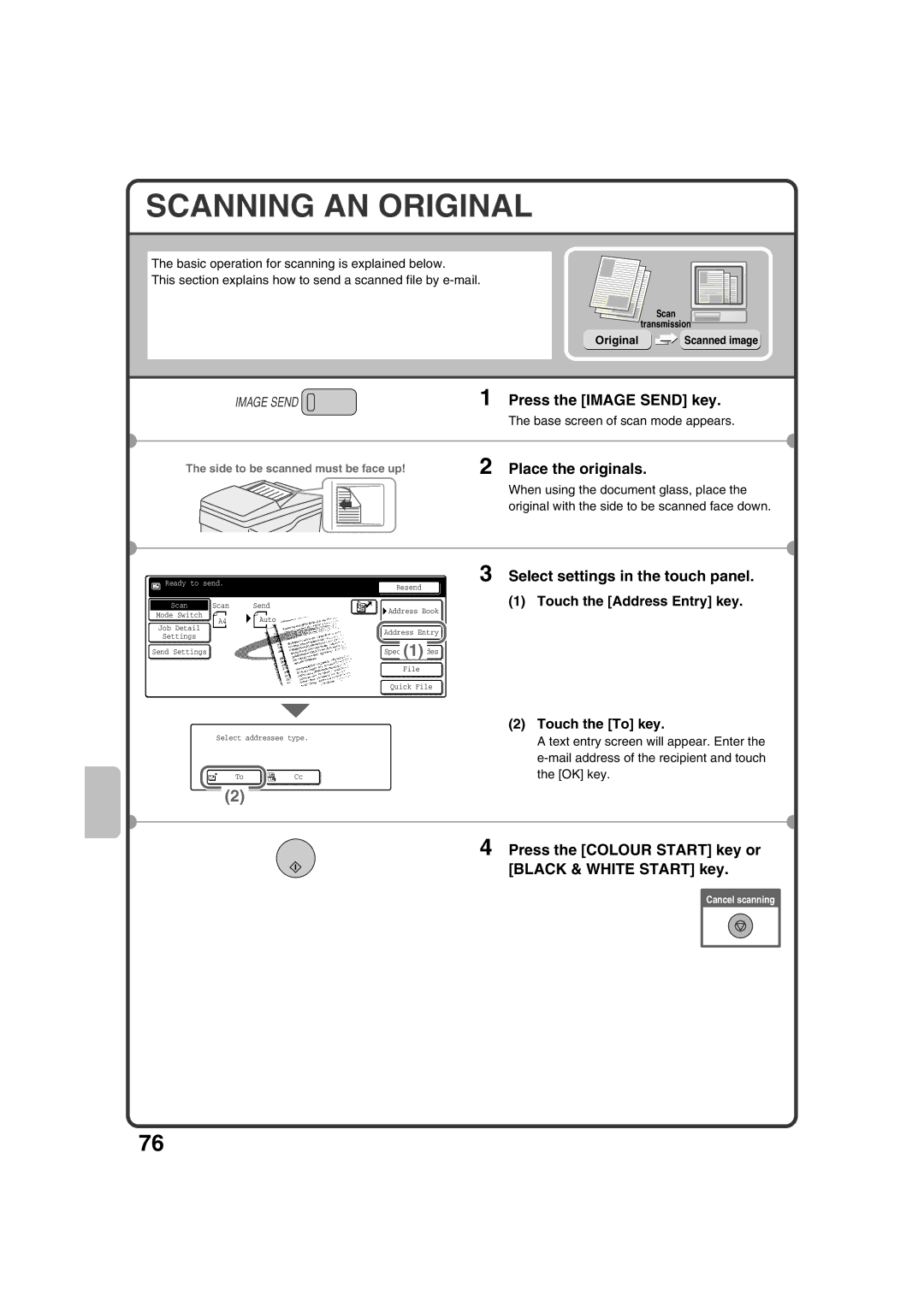 Sharp MX-2301N Scanning AN Original, Press the Colour Start key or Black & White Start key, Touch the Address Entry key 