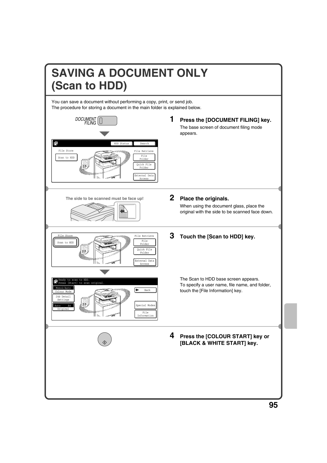 Sharp MX-2301N quick start Saving a Document only Scan to HDD, Press the Document Filing key, Touch the Scan to HDD key 