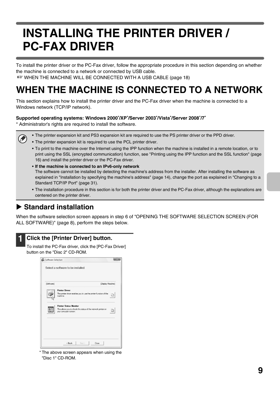 Sharp MX-2010U, MX-2310U Installing The Printer Driver / Pc-Fax Driver, When The Machine Is Connected To A Network 