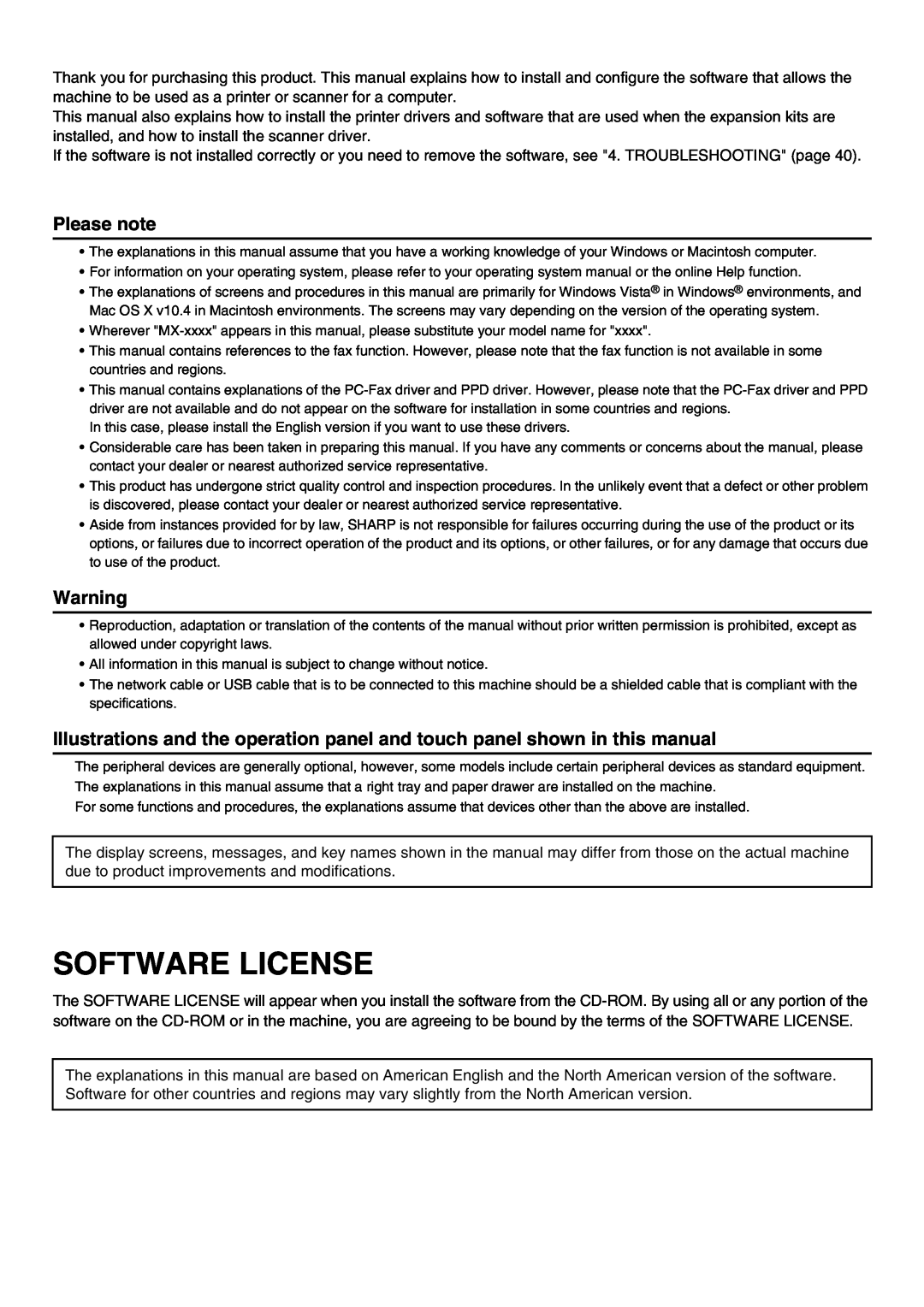 Sharp MX-2310U, MX-2010U setup guide Software License, Please note 