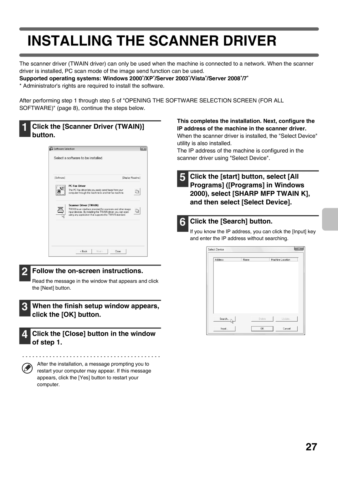 Sharp MX-2010U Installing The Scanner Driver, Click the Scanner Driver TWAIN button, Follow the on-screen instructions 