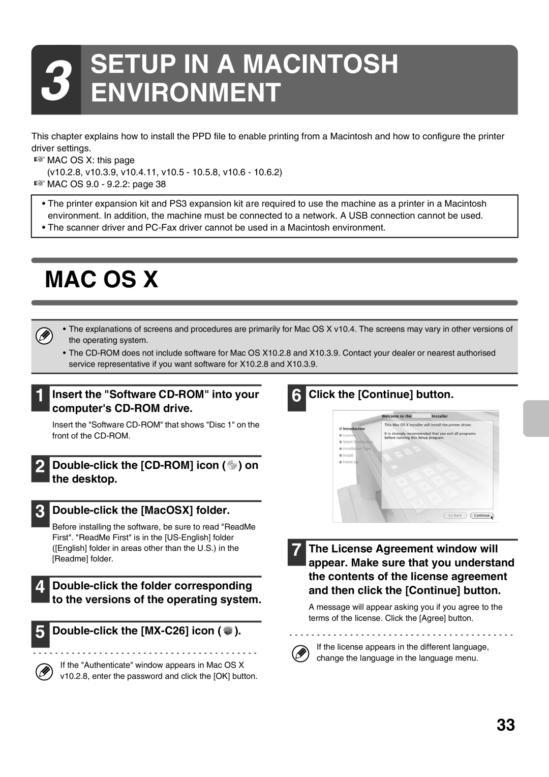 Sharp MX-2010U SETUP IN A MACINTOSH 3 ENVIRONMENT, Mac Os, Insert the Software CD-ROM into your computers CD-ROM drive 