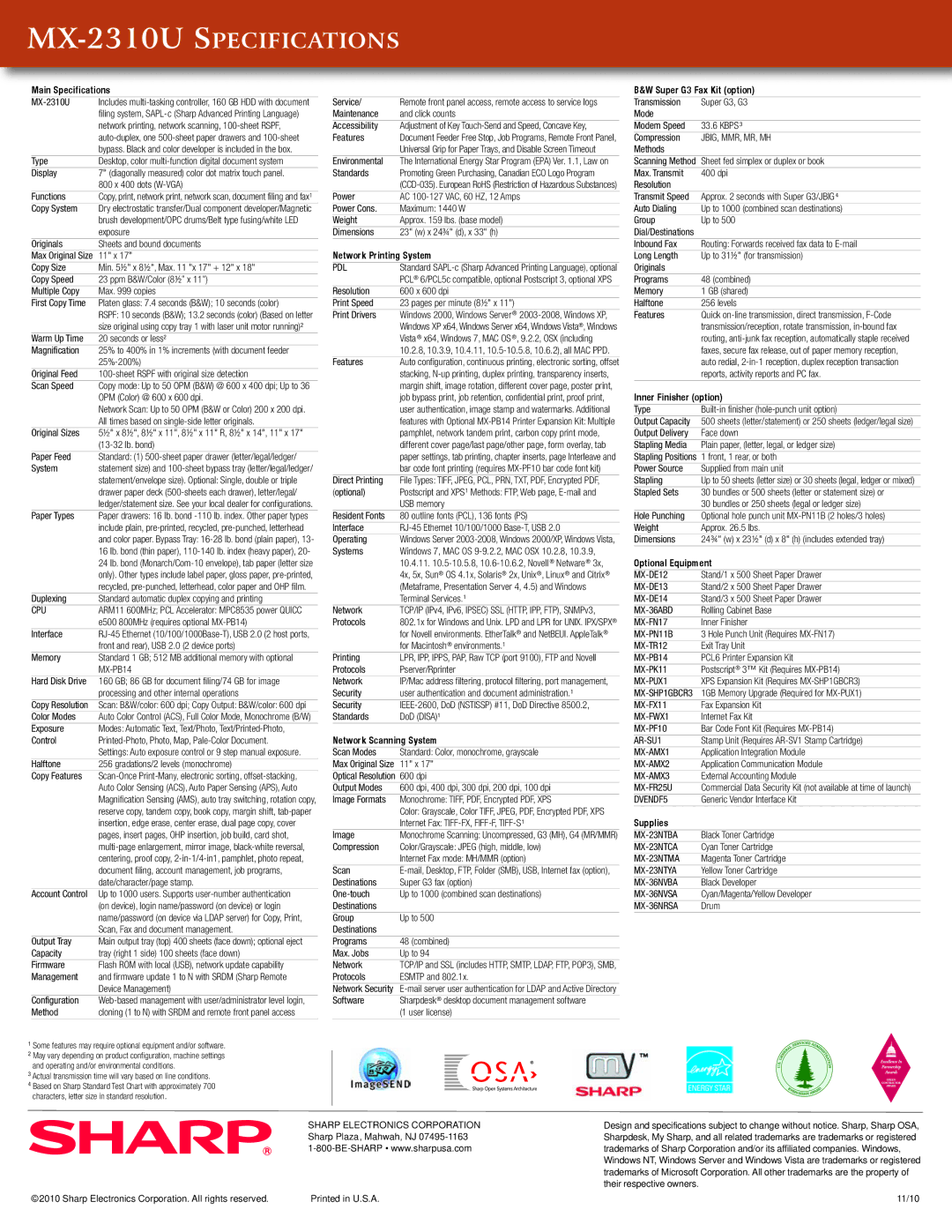 Sharp MX-2310U Main Specifications, Network Printing System, Network Scanning System, Super G3 Fax Kit option, Supplies 