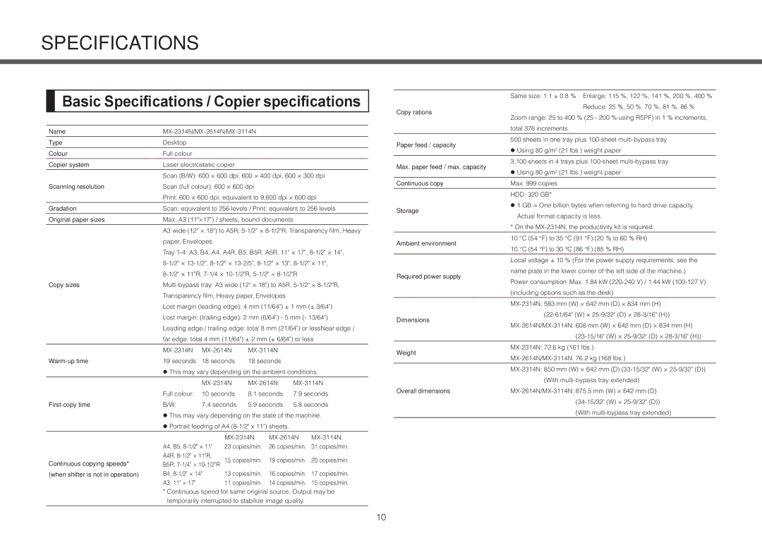 Sharp MX-3114N, MX-2614N, MX-2314N operation manual Basic Specifications / Copier specifications 