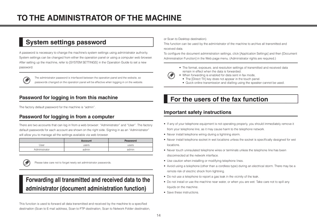 Sharp MX-2314N, MX-2614N, MX-3114N operation manual To the Administrator of the Machine 