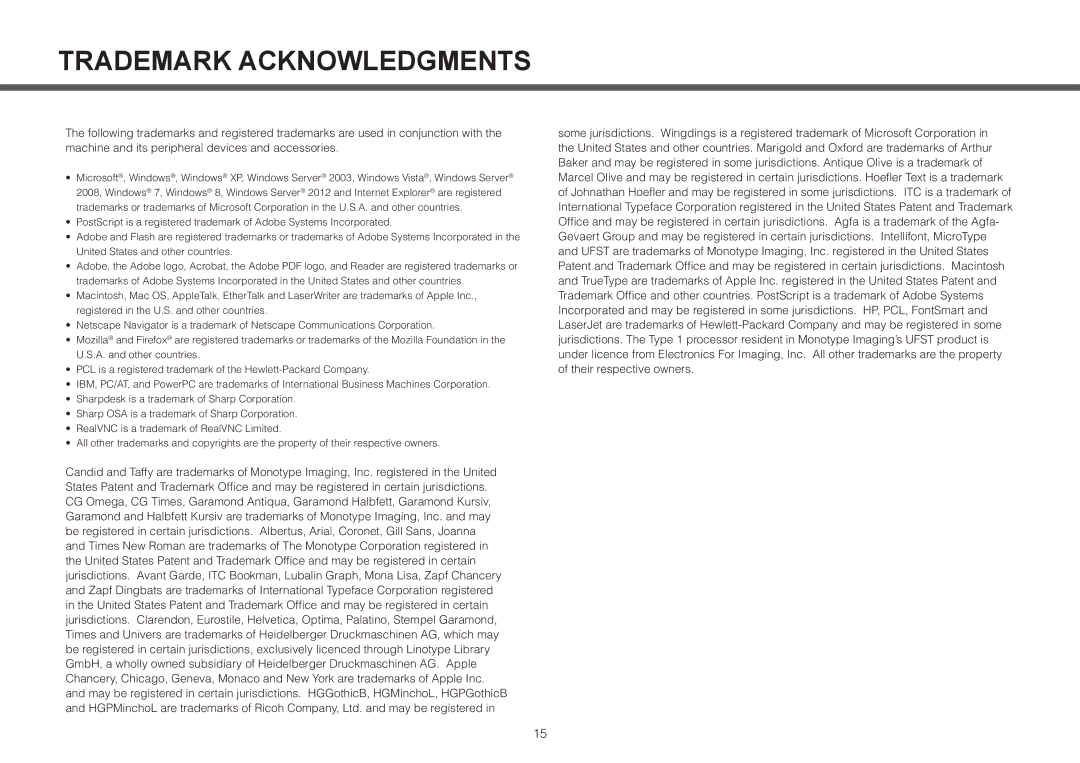 Sharp MX-2614N, MX-3114N, MX-2314N operation manual Trademark Acknowledgments 