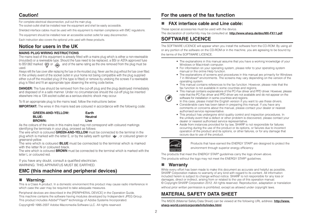 Sharp MX-2314N, MX-2614N, MX-3114N operation manual Material Safety Data Sheet 