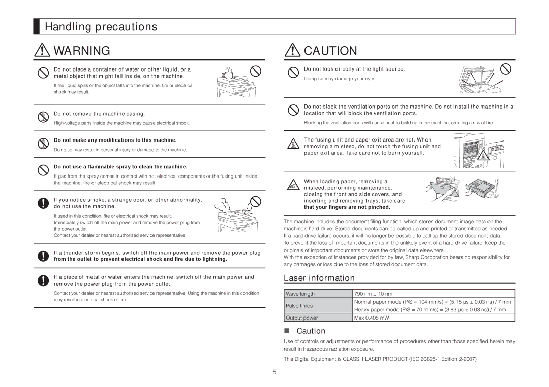 Sharp MX-2314N, MX-2614N, MX-3114N operation manual Handling precautions, Laser information 