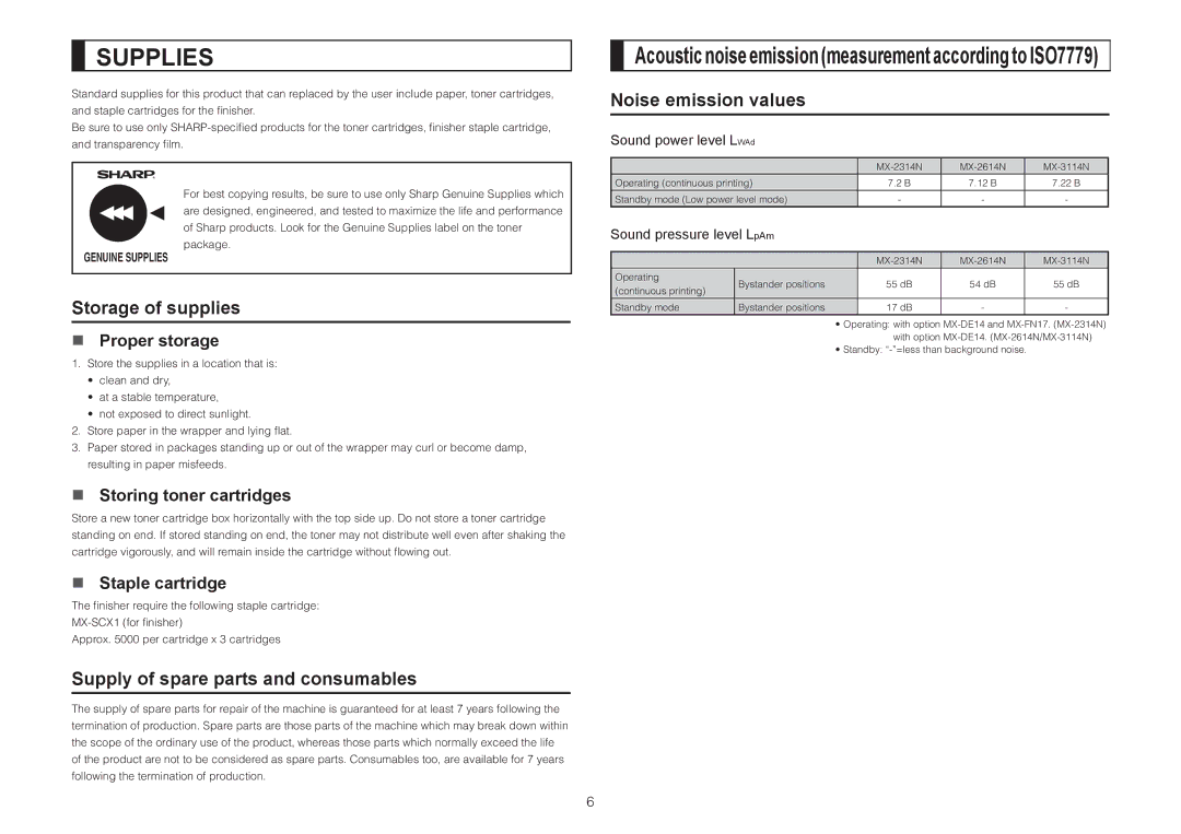 Sharp MX-2614N, MX-3114N, MX-2314N Storage of supplies, Supply of spare parts and consumables, Noise emission values 