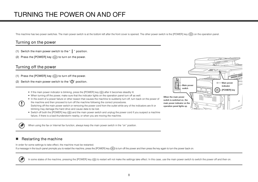 Sharp MX-2314N, MX-2614N, MX-3114N operation manual Turning the Power on and OFF, Turning on the power, Turning off the power 