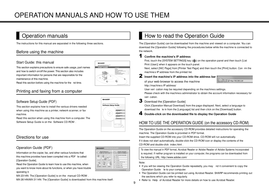 Sharp MX-2614N, MX-3114N How to read the Operation Guide, Before using the machine, Printing and faxing from a computer 