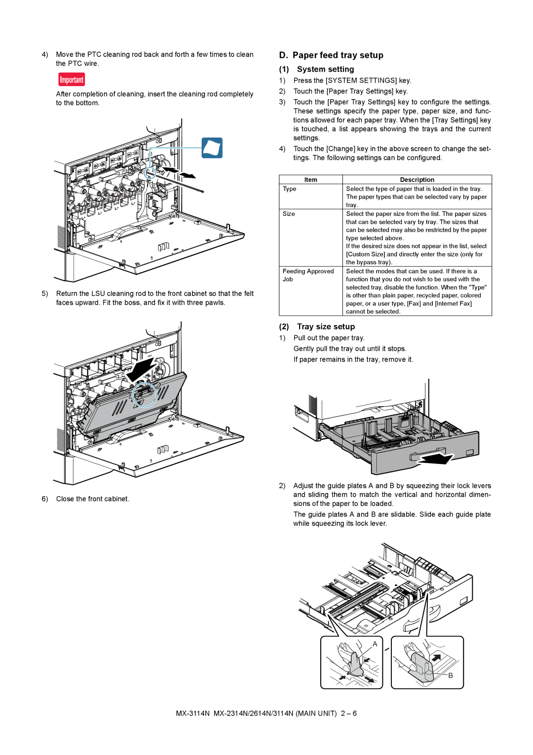 Sharp MX-3114N, MX-2614N, MX-2314N installation manual Paper feed tray setup, System setting, Tray size setup, Description 