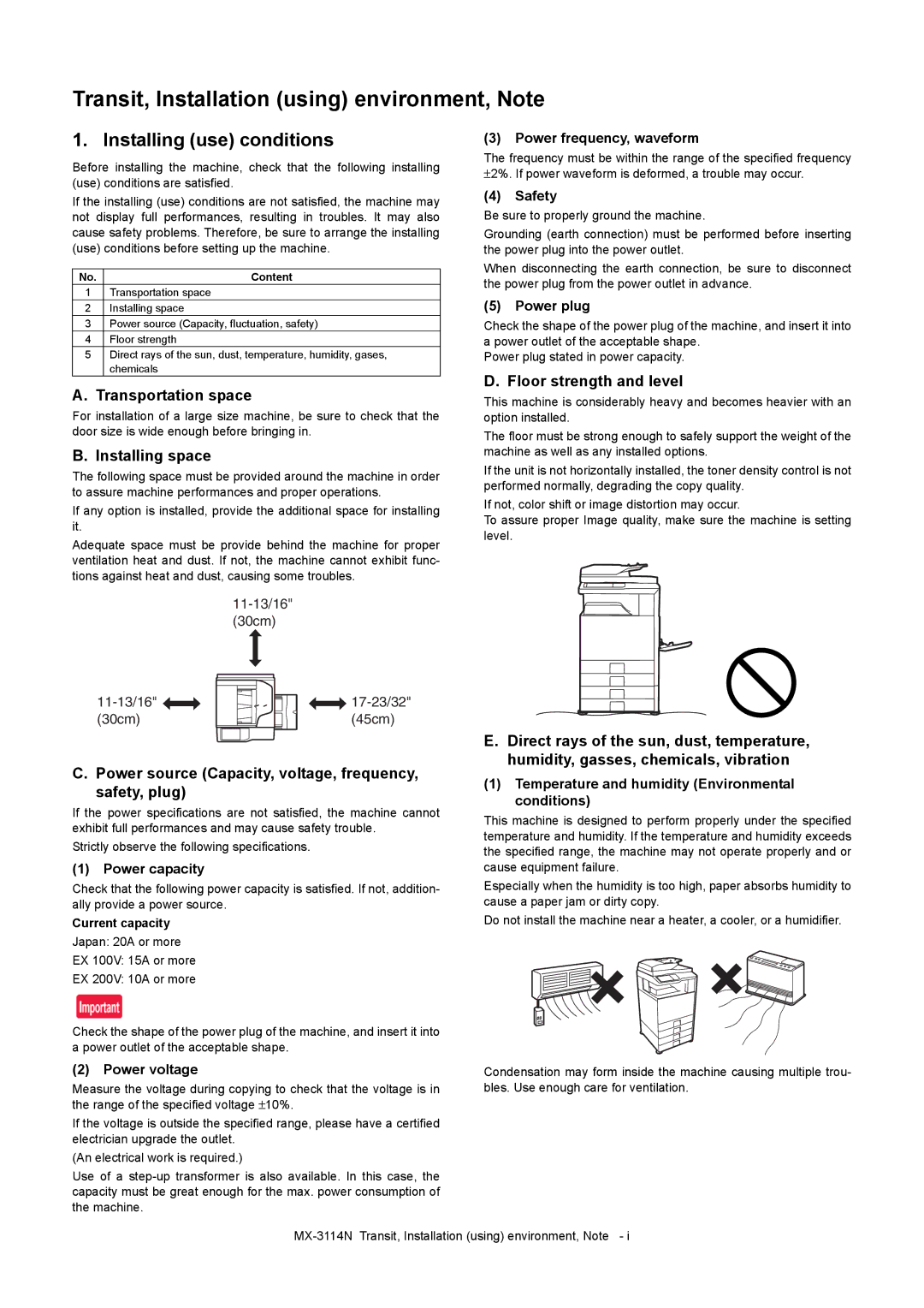 Sharp MX-2314N, MX-2614N Installing use conditions, Transportation space, Installing space, Floor strength and level 