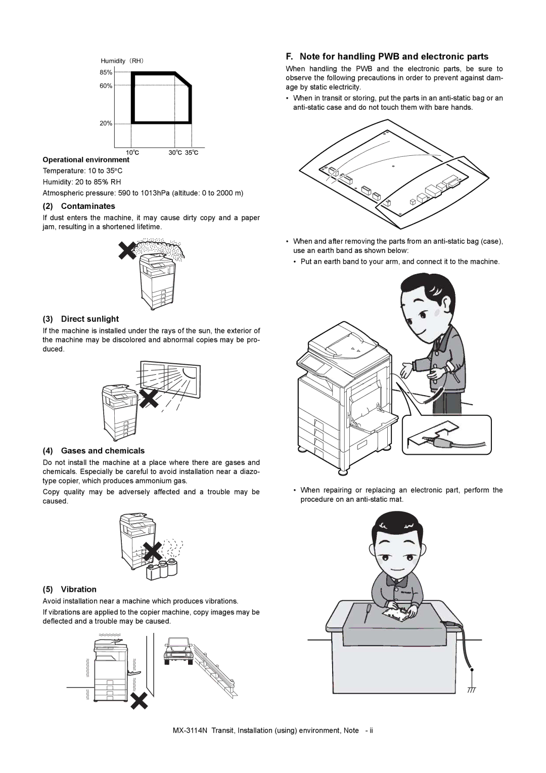 Sharp MX-2614N, MX-3114N, MX-2314N Contaminates, Direct sunlight, Gases and chemicals, Vibration, Operational environment 