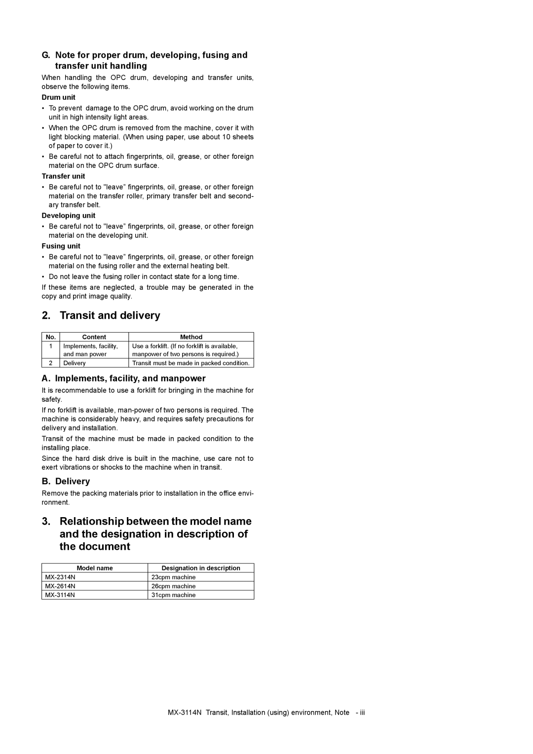 Sharp MX-3114N, MX-2614N, MX-2314N installation manual Transit and delivery, Implements, facility, and manpower, Delivery 