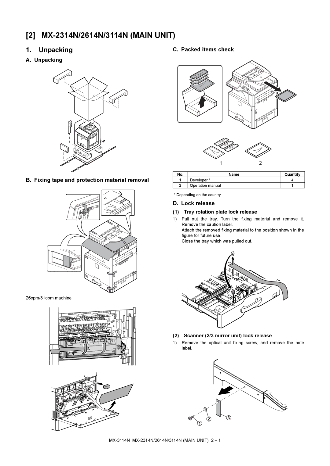 Sharp MX-2314N, MX-2614N Packed items check, Unpacking Fixing tape and protection material removal, Lock release 