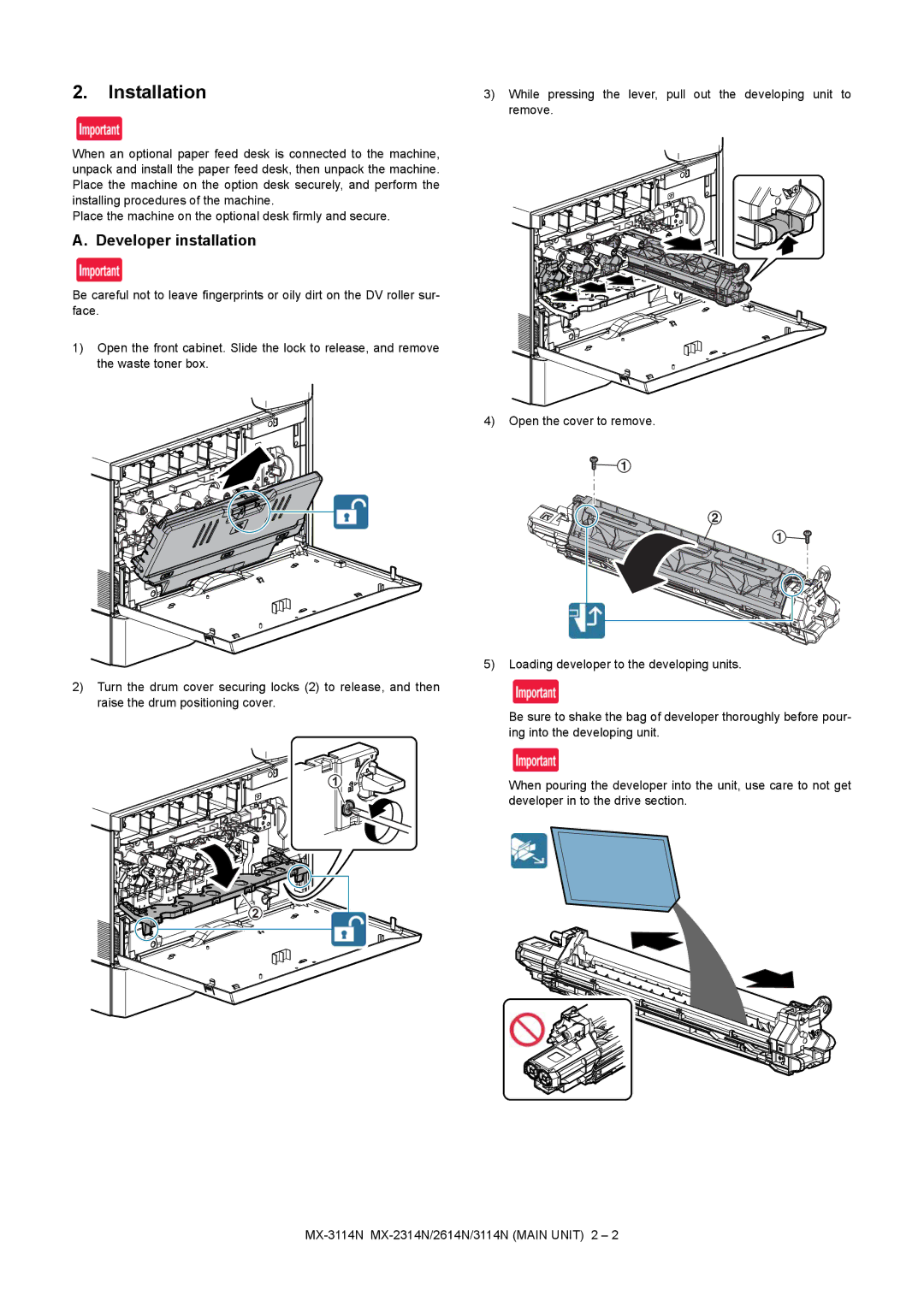 Sharp MX-2614N, MX-3114N, MX-2314N installation manual Installation, Developer installation 