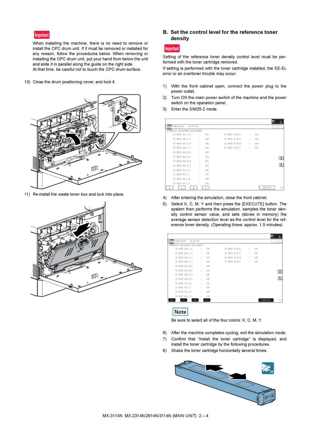 Sharp MX-2314N, MX-2614N, MX-3114N installation manual Set the control level for the reference toner density 