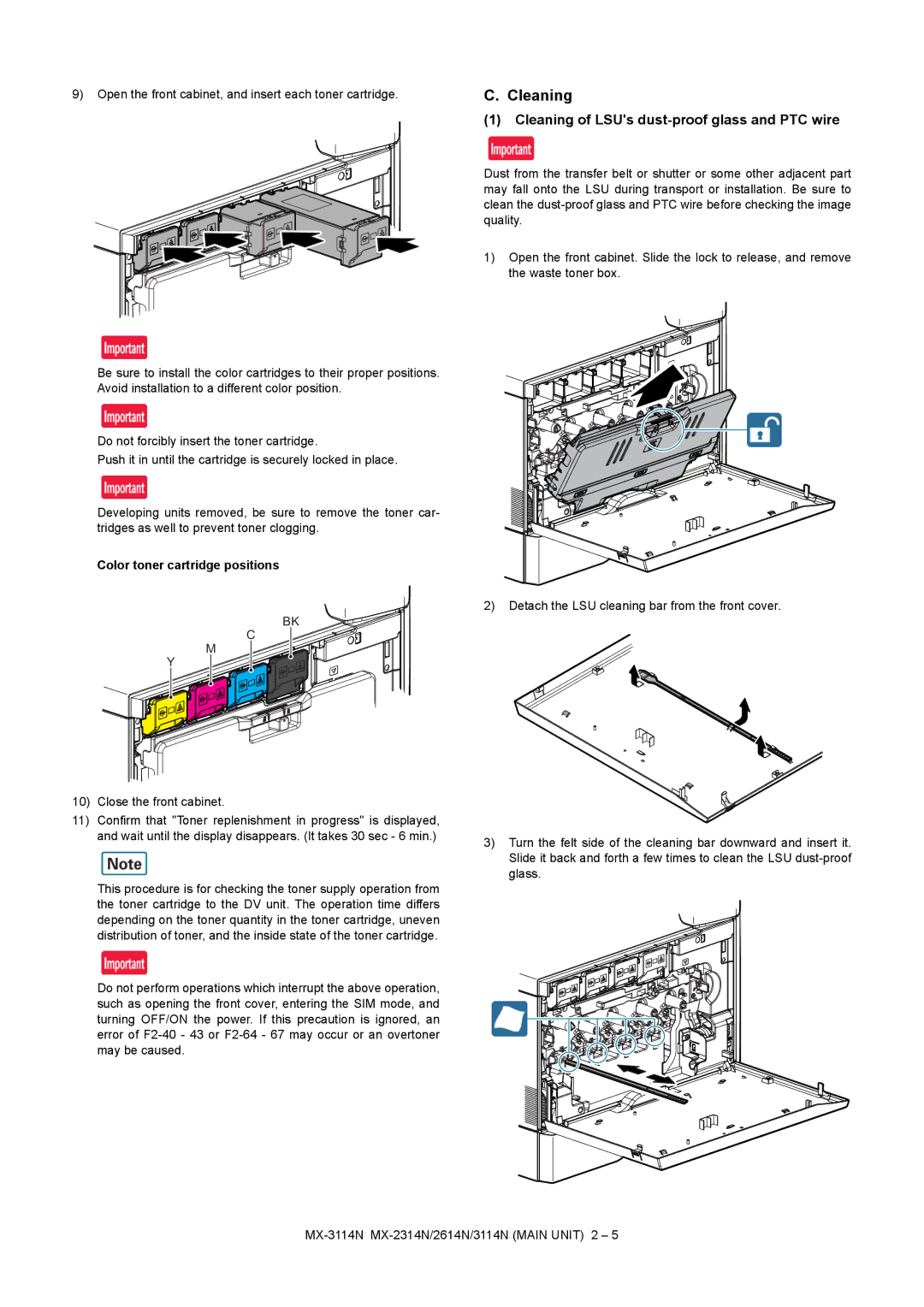 Sharp MX-2614N, MX-3114N, MX-2314N Cleaning of LSUs dust-proof glass and PTC wire, Color toner cartridge positions 