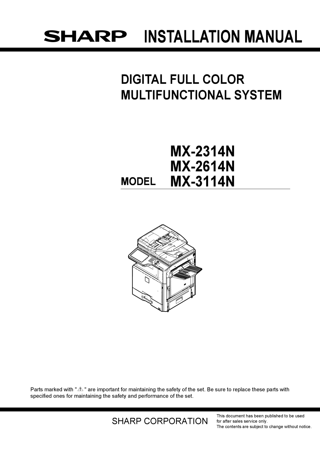 Sharp installation manual MX-2314N MX-2614N MODEL MX-3114N, Installation Manual 
