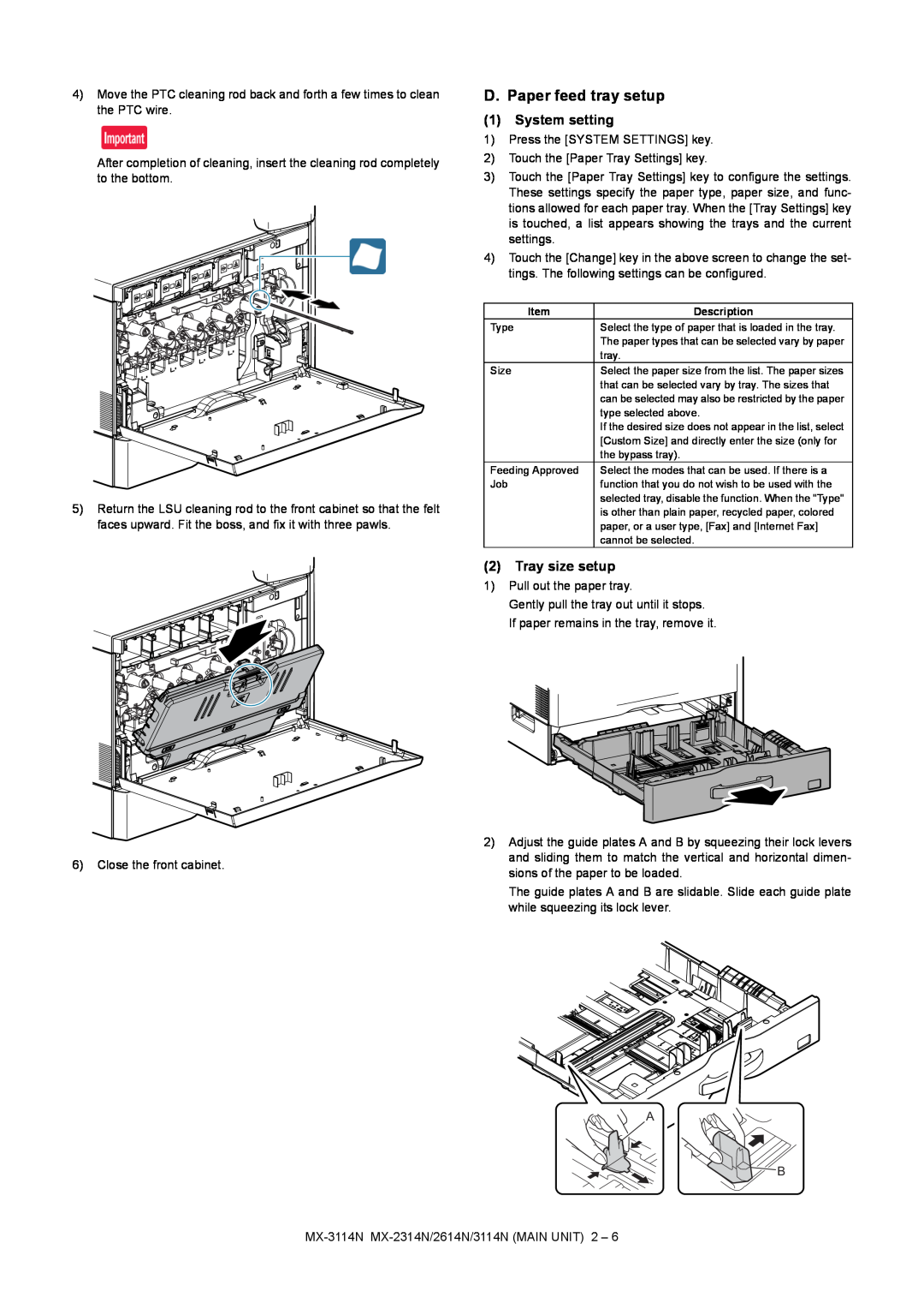 Sharp MX-3114N, MX-2614N, MX-2314N installation manual D. Paper feed tray setup, System setting, Tray size setup 