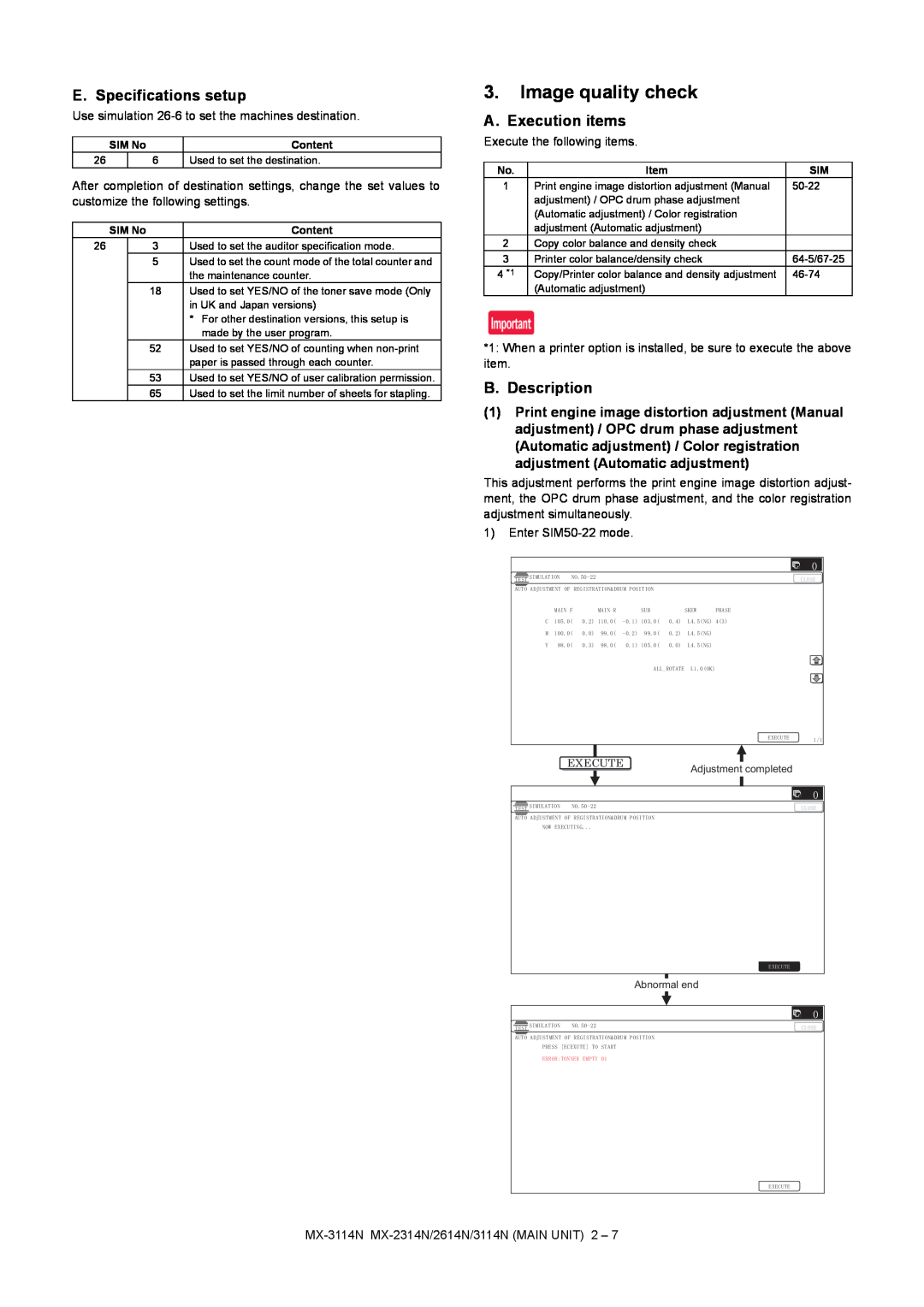Sharp MX-2314N Image quality check, E. Specifications setup, A. Execution items, B. Description, SIM No, Content, Execute 