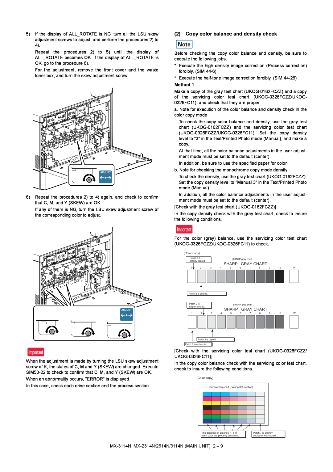 Sharp MX-3114N, MX-2614N, MX-2314N installation manual Copy color balance and density check, Method 